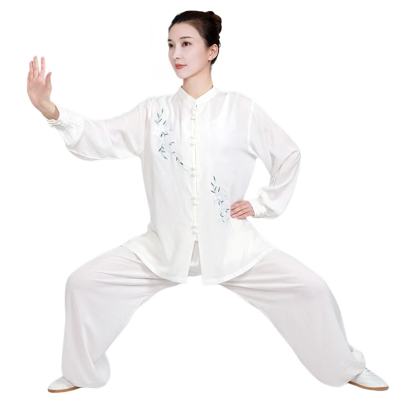 clyfan-2-個太極拳ユニフォームセット刺繍コットンリネン武術服長袖-半袖太極拳トレーニングスーツ女性用