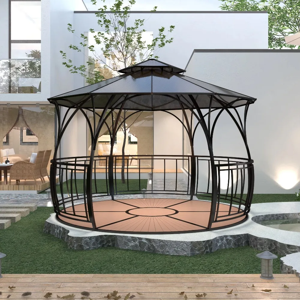 Galvanized Steel Round Gazebo, Cast Iron Waterproof Outdoor Pavilion, With Curtains For Patio Party Event