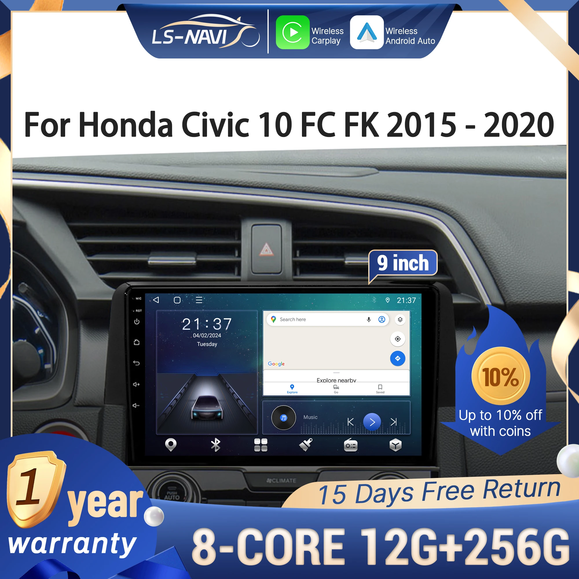 

Для Honda Civic 10 FC FK 2015-2020 Android 14 Автомобильный радиоприемник Мультимедийная навигация 4G GPS Беспроводной CarPlay Bluetooth 2K QLED экран