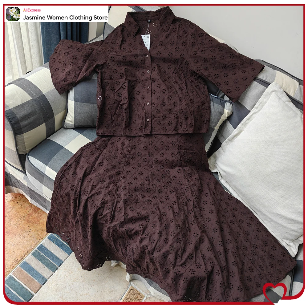 

Stylish Summer Women Embroidered Eyelet 2 Piece Sets Brown Short Sleeves Eyelet Embroidered Shirt and Midi Skirt with Flared Hem