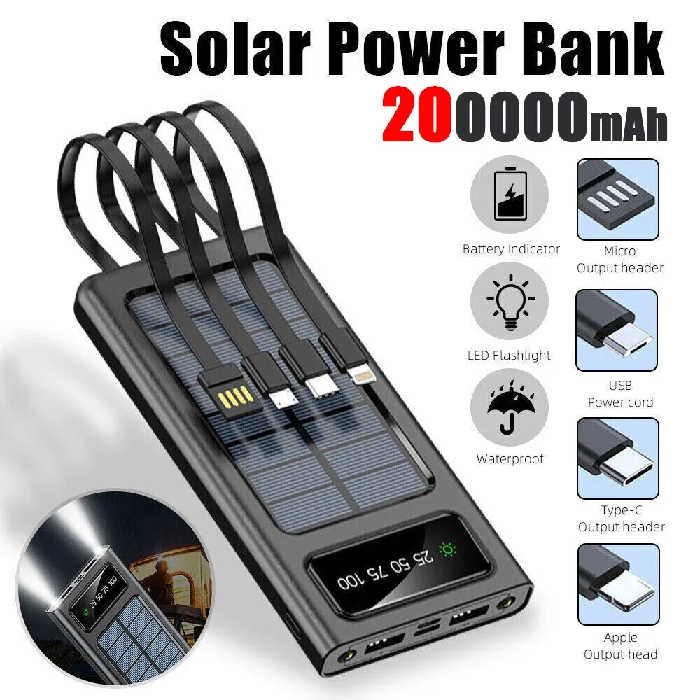 Solar Power Bank 200000mAh Solar Battery Two-way Large Capacity Fast Charging Built-in Cable Power Bank External Battery