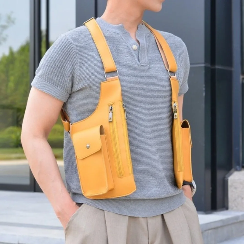 Gift PU Leather Men Chest Bag Vintage Waterproof Double Pocket Backpack Lightweight Adjustable Strap Vest Bag Outdoor