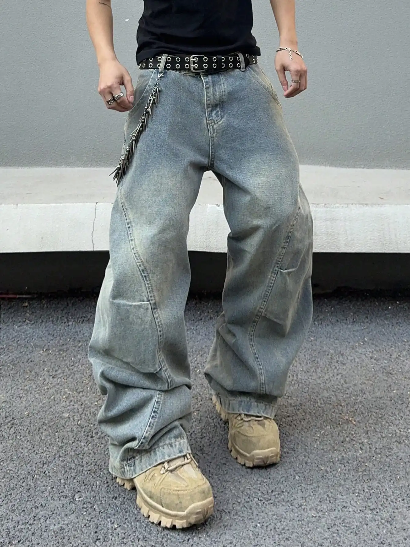 Vintage Men Washed Baggy Denim Jeans Stitched Panel Wide Leg Denim Pants Oversized Loose Hip Hop Streetwear Y2K Casual Trousers