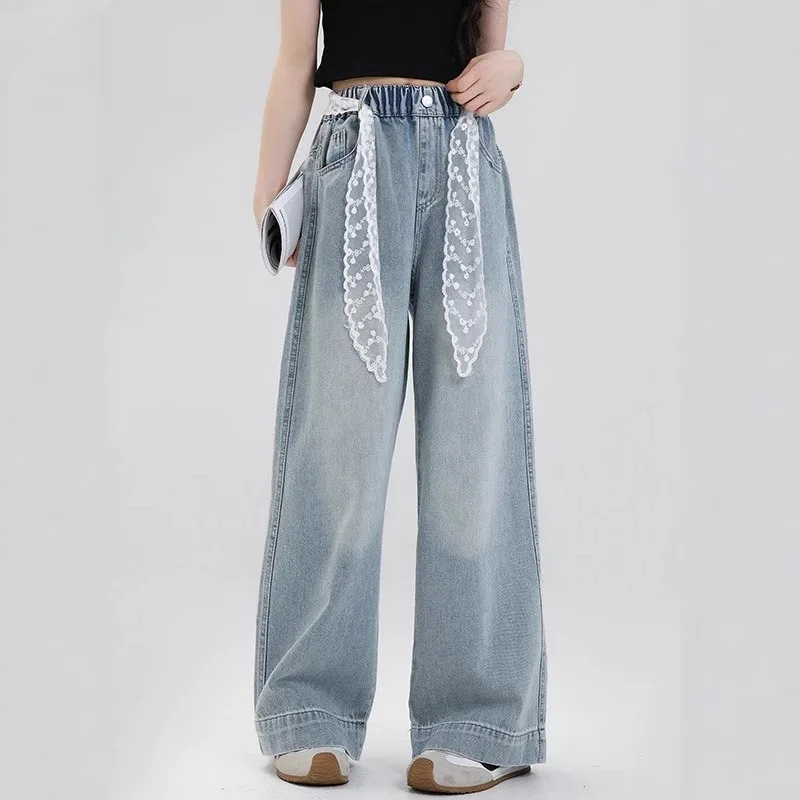 Girls' Spring 2026 Fashion Elegant Kids Wide Leg Jeans With Lace Belt Children Casual Denim Pants Teens High Quality Straight