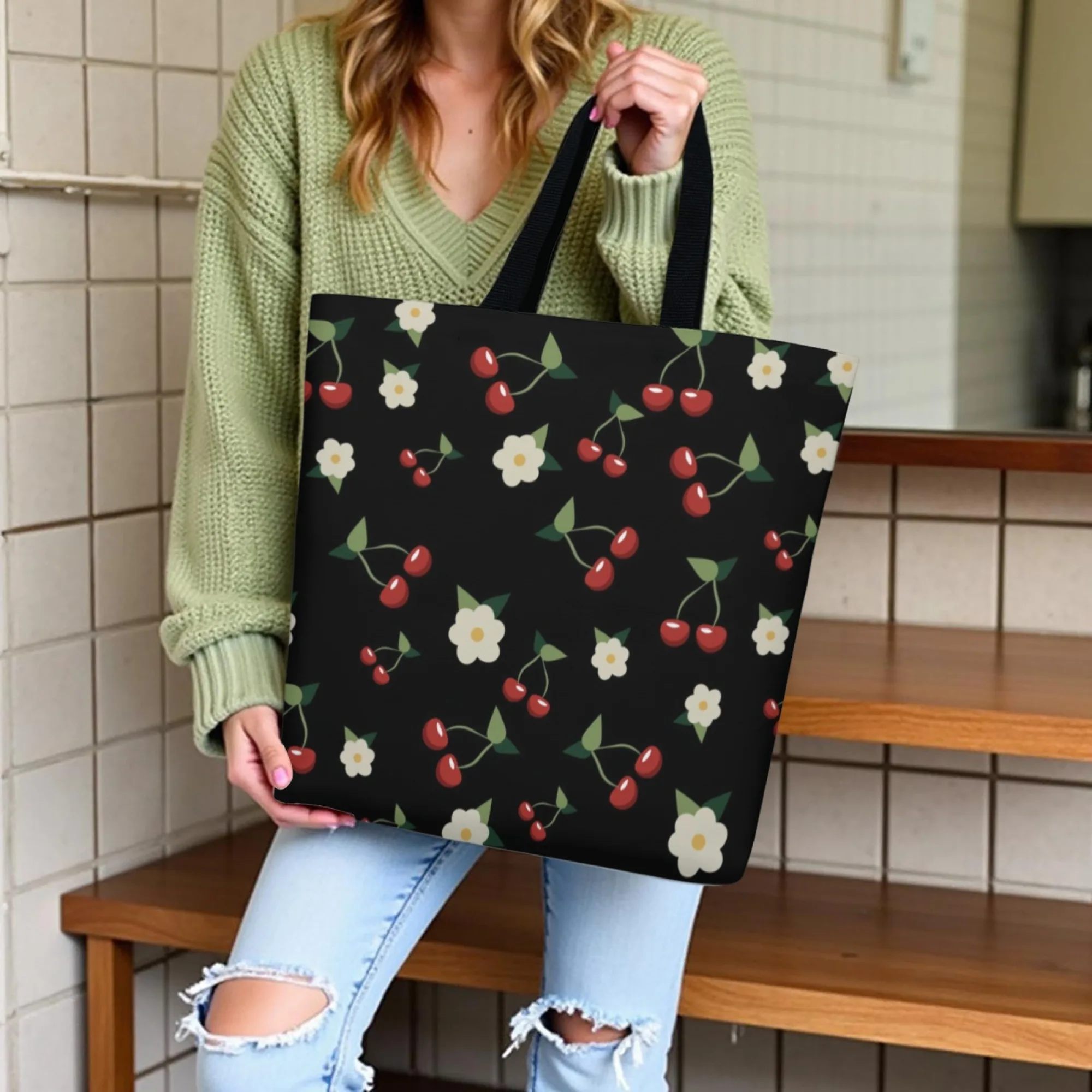 Black Cherry & Vintage Canvas Women Tote Bag Sweet Shoulder Bag Reusable Ideal for Vintage Fans Cute Style & Daily Sweet Looks