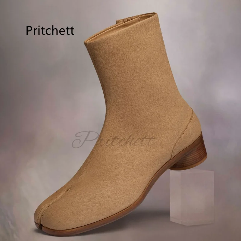 Split Toe Tabi Boots for Men Women Solid Colors Genuine Leather Ankle Boots 3Cm Round Heels Novelty Designer Style Couple Shoes