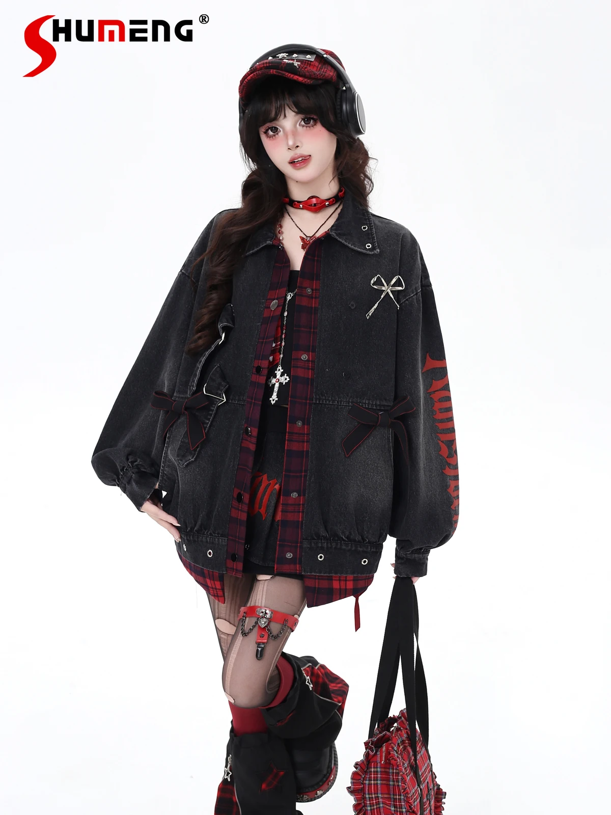 

Original Fashion Streetwear Sweet Cool Girl Denim Jacket Tops Plaid Patchwork Bow Loose Versatile Short Coats for Women Autumn