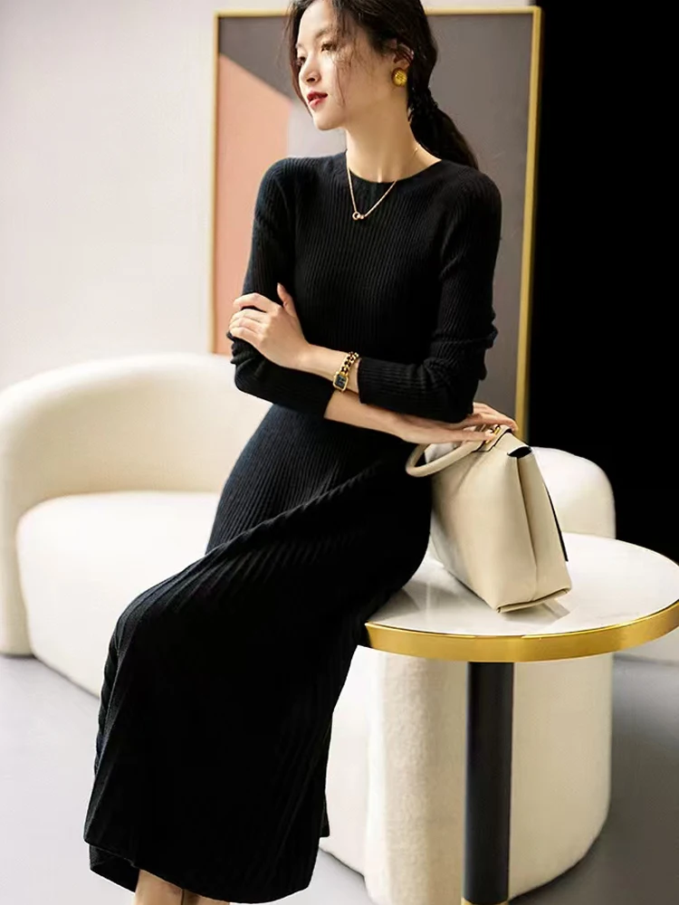 سترة نسائية 100% فستان صوف ميرينو على شكل حرف a تنانير مطوية للربيع والخريف بلوفر كشمير رقيق نحيف فستان مضيئة برقبة دائرية تريكو