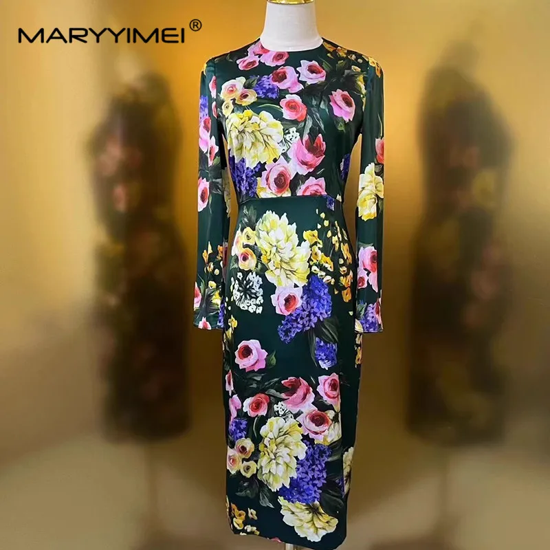 Imagem -06 - Maryyyimei-vestido de Seda Feminino Moda Primavera Estampa Floral de Férias Pacote Verde Escuro Vestido Lápis Hip Elegante Novo 2023