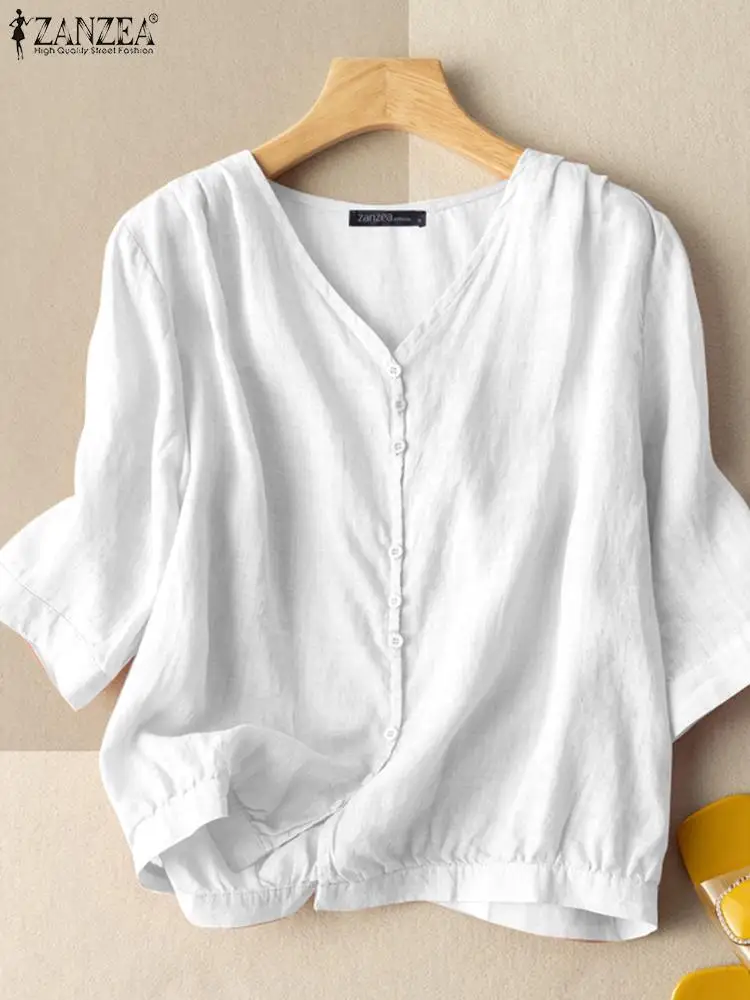 ZANZEA Summer Vintage V Neck 3/4 Sleeve Blouse Women Solid Cotton Shirt Casual Loose Blusas Oversize Buttons Tops Tunic Chemise