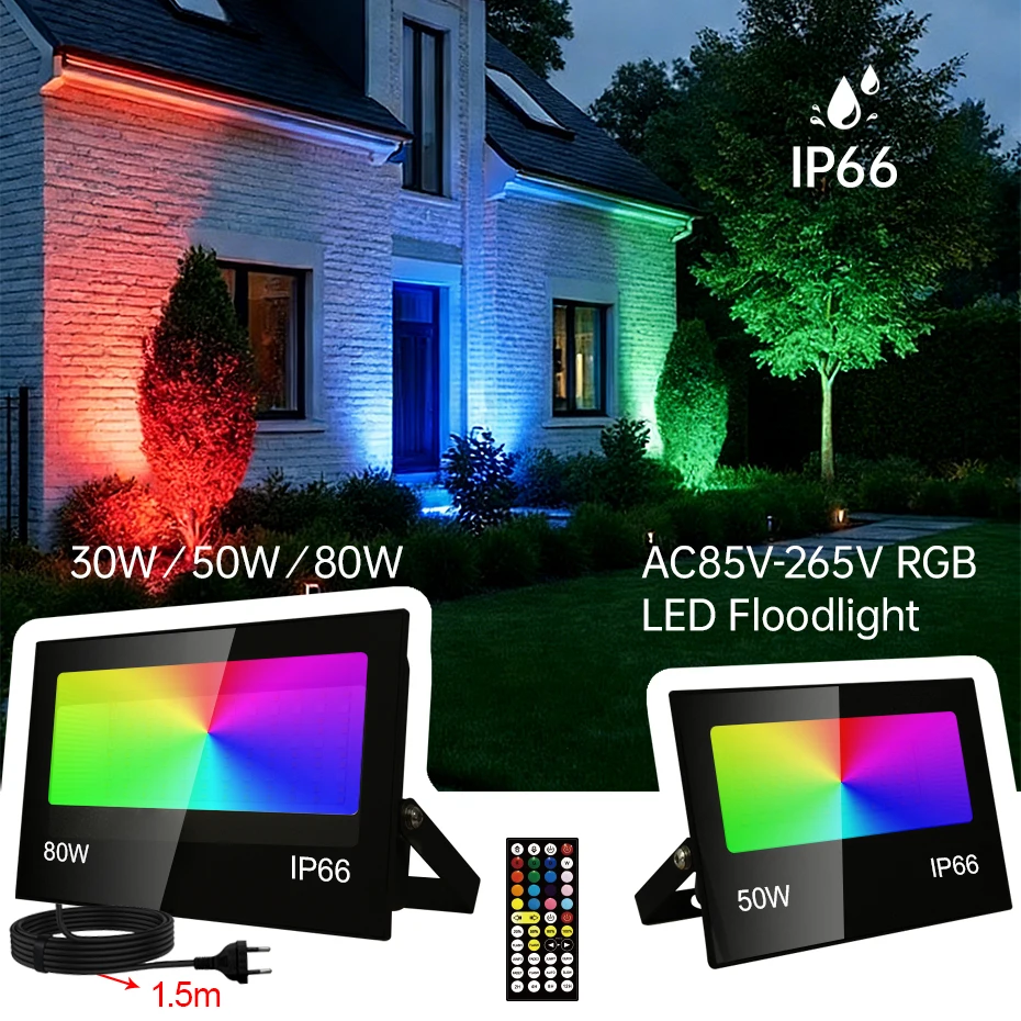 

Светодиодный прожектор RGB мощностью 30–80 Вт, AC85–265 В, IP66, водонепроницаемый, для наружного освещения, 2700K, теплый белый свет + RGB, с ИК-пультом дистанционного управления.