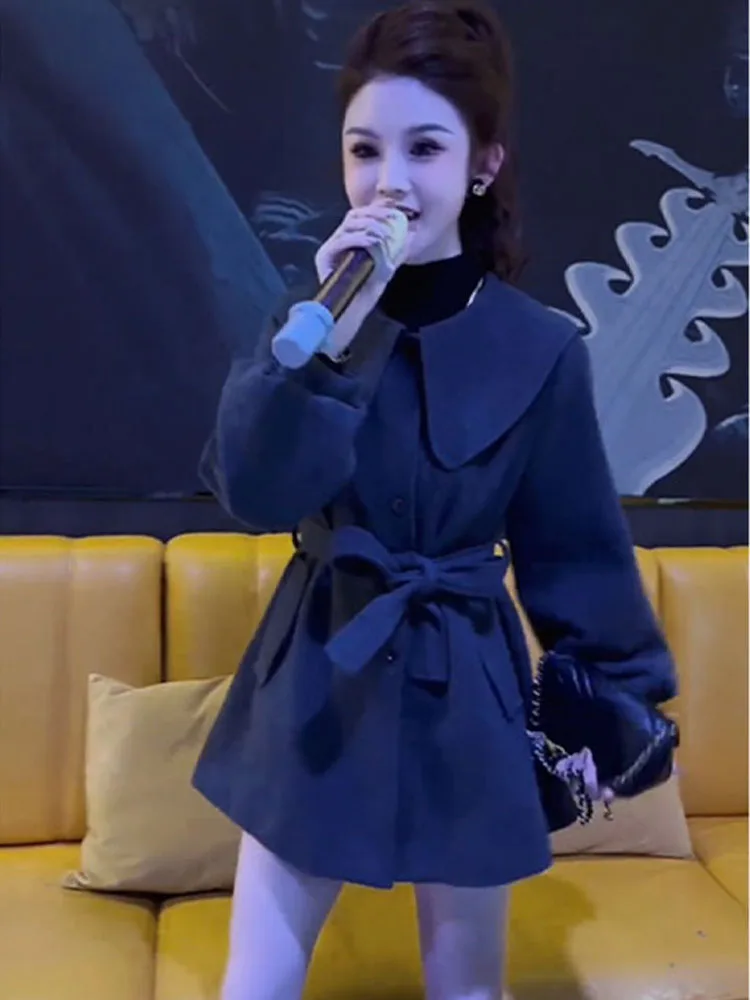 

Модное зимнее шерстяное пальто с воротником-стойкой, женское, с поясом на талии, универсальное, свободного кроя, элегантное.