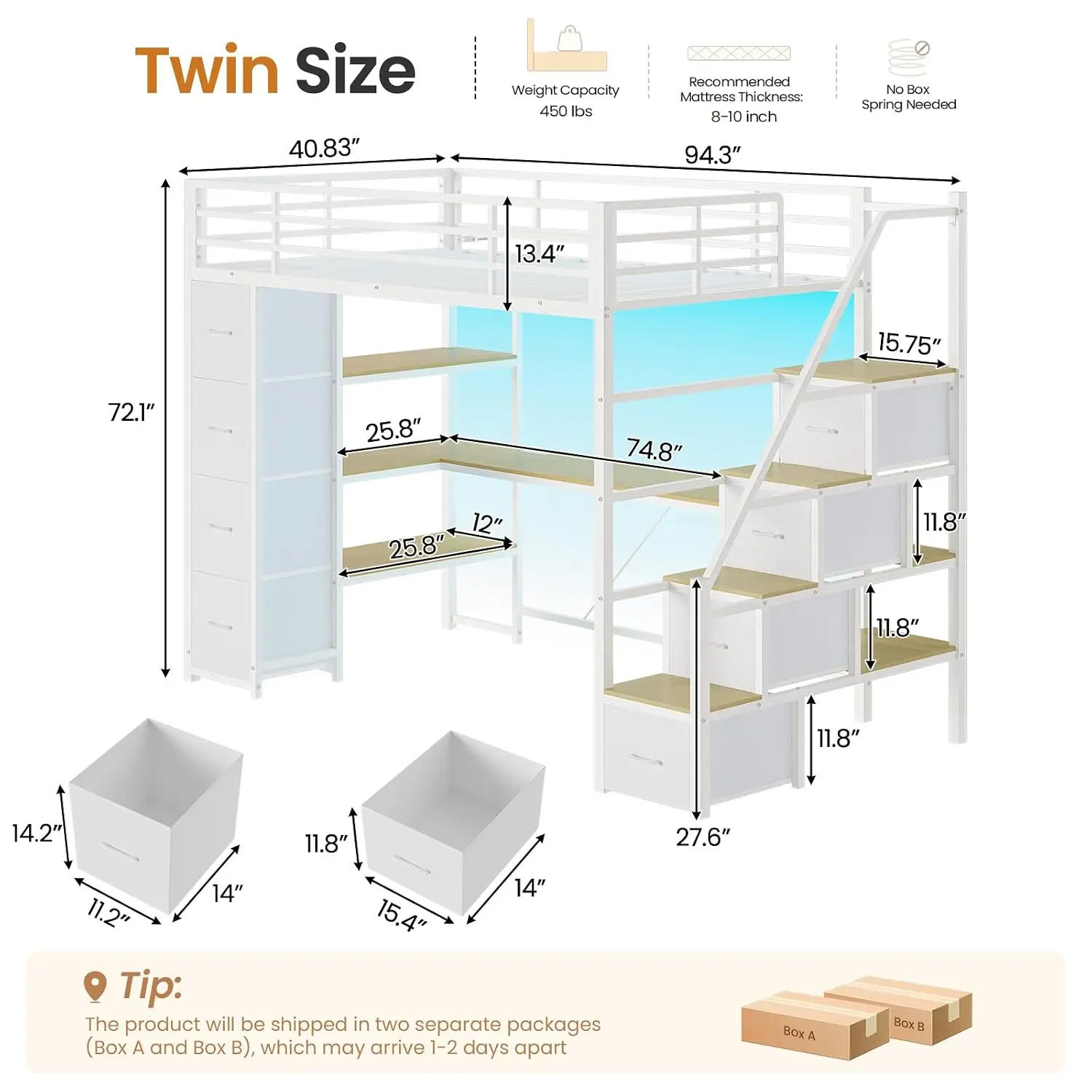 Loft Bed Twin Size with Storage Stairs,Desk and Charging Station,Metal Twin Loft Bed with LED Lights,8 Storage Drawers