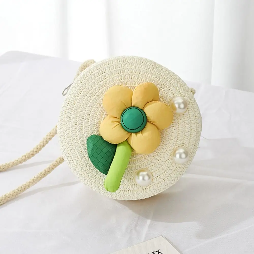 Cute Handmade Kids Straw Bag Woven Round Shoulder Bag Pearl Flower Summer Beach Bag for Children Girls