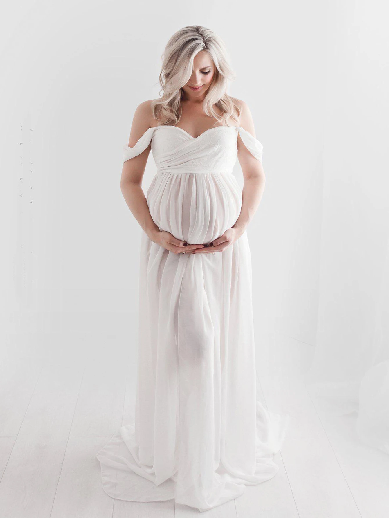 JustVH Maternity Off Shoulder Chiffon Lace Gown Split Front Maxi Photography Dress for Photoshoot