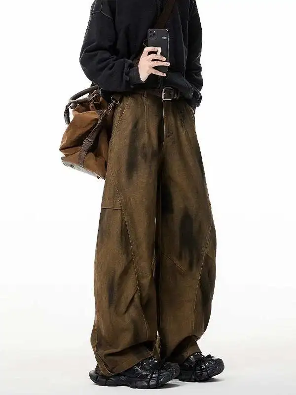 

Свободные мужские брюки для спецодежды, окрашенные в винтажном стиле, кофейного цвета, плиссированные широкие брюки с ножом, повседневные модные весенние сезоны