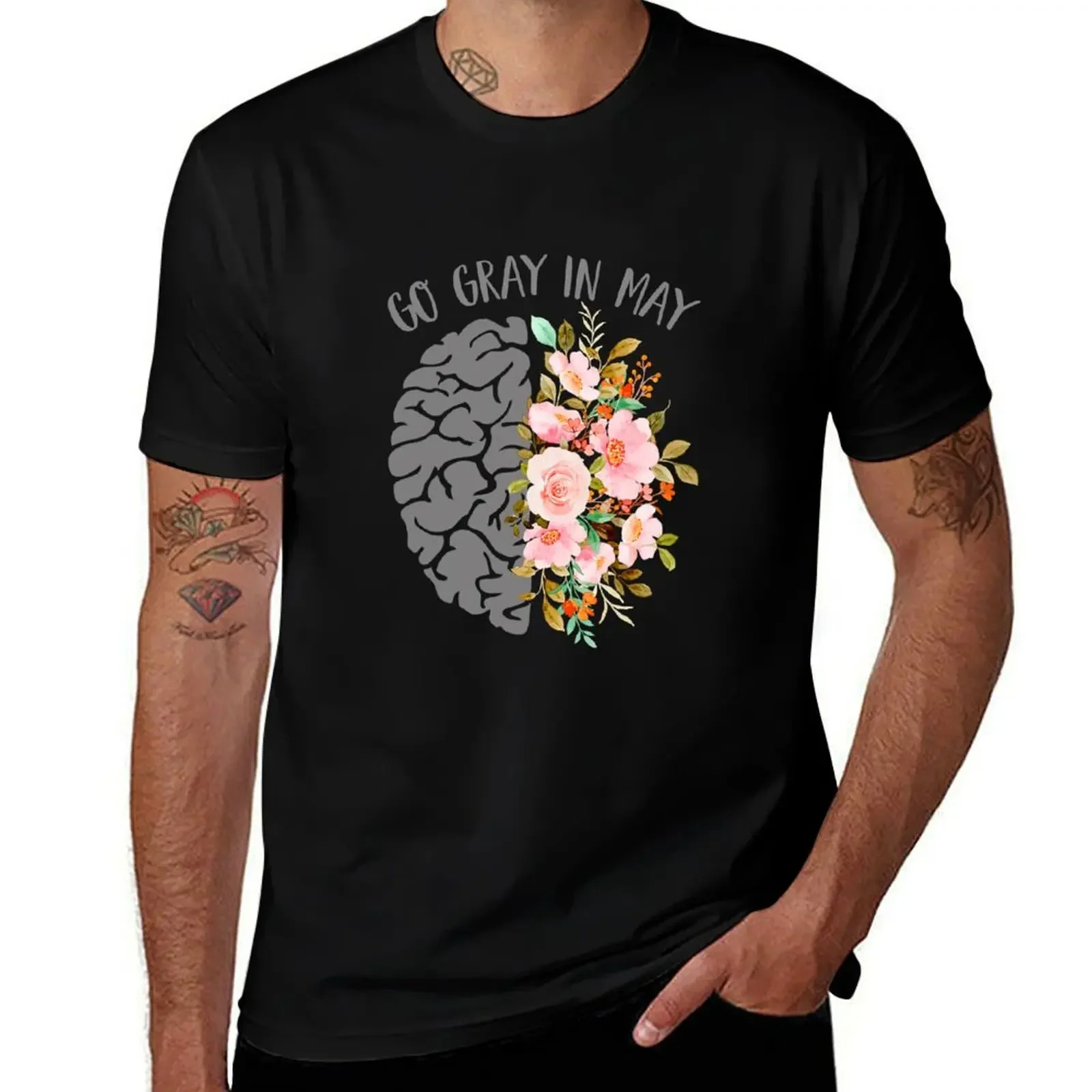 Go Gray In May Brain Tumor Awareness Floral Brain Cancer T-Shirt football t shirt clothes for men