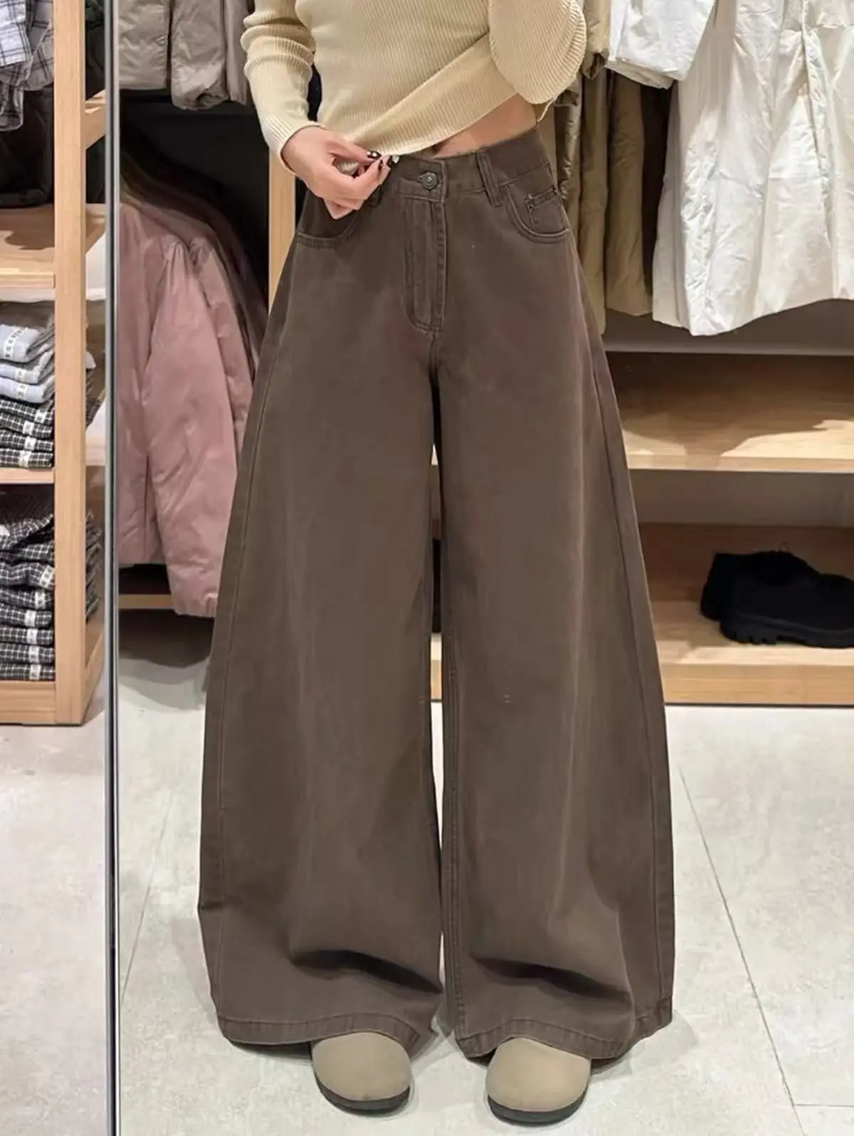 Brown Maillard High Waist Wide Leg Jeans Women Autumn Loose Draped Slim Retro Streetwear Pants