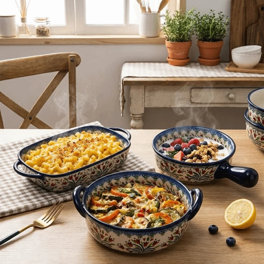 

Double Ear Ceramic Baking Tray With Handles Versatile Fruit Salad Bowl Rectangular Flower Pattern Baking Dish Dinner Party