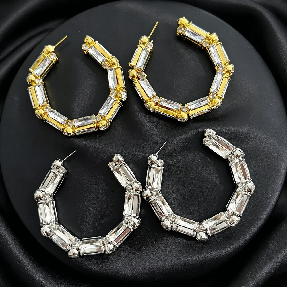 Baguette Crystal Hoop Earrings Rhinestone Geometric Statement Sparkly Luxe Lightweight Jewelry for Lady Wedding Party Prom Gift