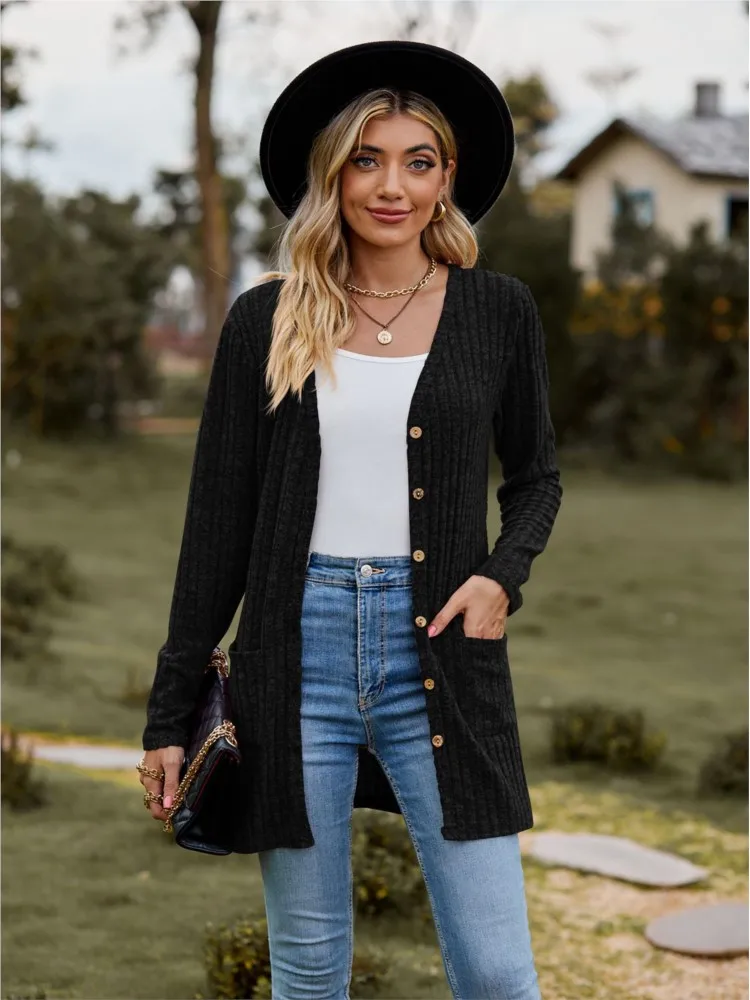 

Casual Solid Sweater Cardigan Coat For Women Fashion Long Sleeve Button Pockets Knit Sweater Tops Lady Holiday Women's Clothing