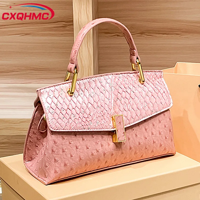 

Ostrich-print Leather Women Handbags 2024 New Small Pink Shell Bag European And American Fashion Luxury Shoulder Crossbody Bags