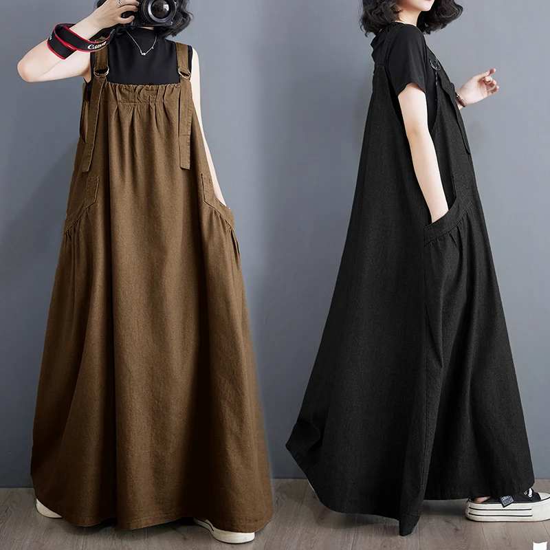 Casual Cotton Linen A-Line Skirt Summer Spring Large Size Women's Artistic Wide Leg Strap Dr Commute ort Sve One-ou...