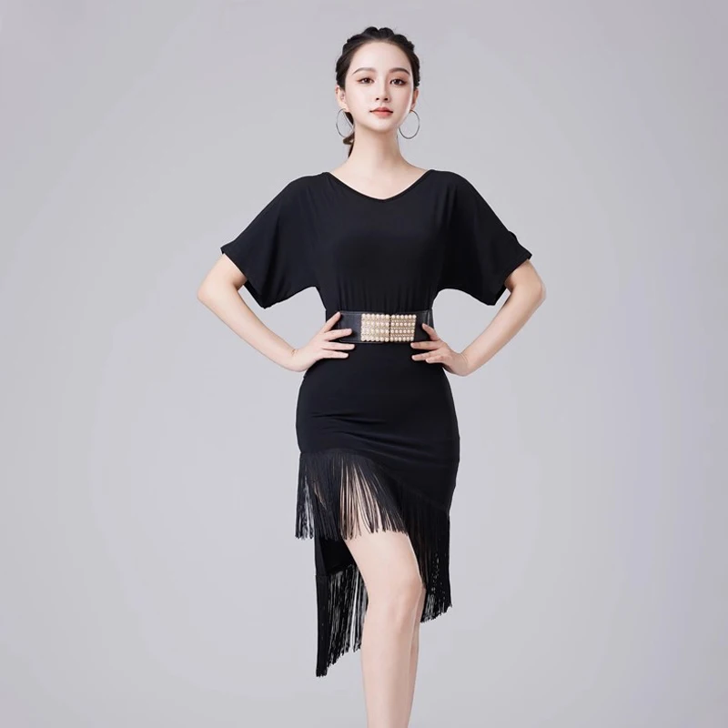 

Летний костюм для латинских танцев, женские черные платья с короткими рукавами, стандартная одежда для современных танцев для взрослых, тренировочная одежда 2347