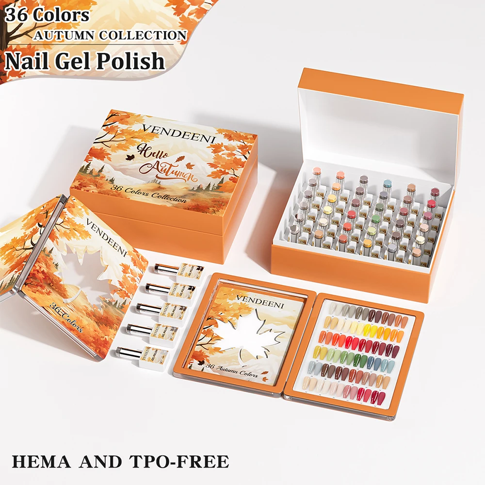 

Vendeeni 36 Colors/set Brown Yellow Autumn Pure Color Gel Nail Polish UV LED Crystal Nail Varnish With Color Card TPO/HEMA FREE