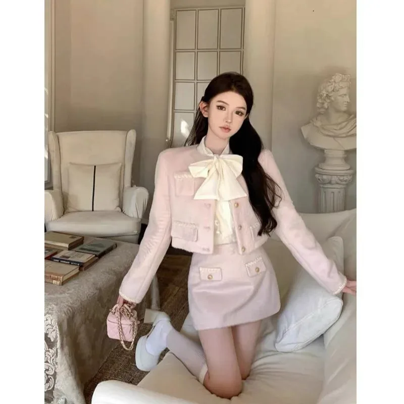 Xgoth Pink Women's Skirt Set Long Sleeve Short Tweed Jacket Tops Small Fragrance Hip Wrap Mini Skirts Hot Girls Three-piece Sets