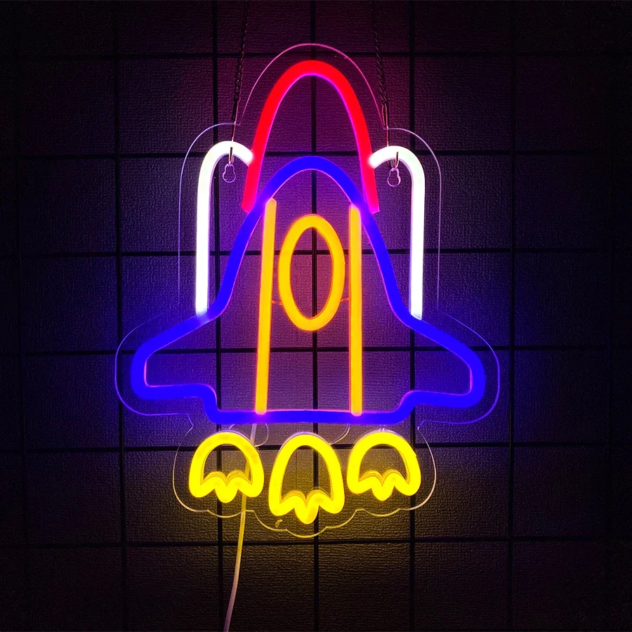 Rocket Neon Sign for Wall Decor, Spacecraft LED Light Sign For Room, Bar, Game Room Art Decor, Gifts For Friends.