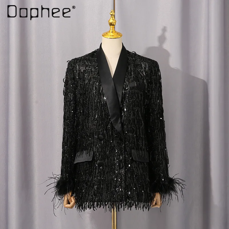 

2025 Autumn New European American Style Street Trendy Suit Women High End Tassels Cross Collar Loose Casual Black Blazer Female