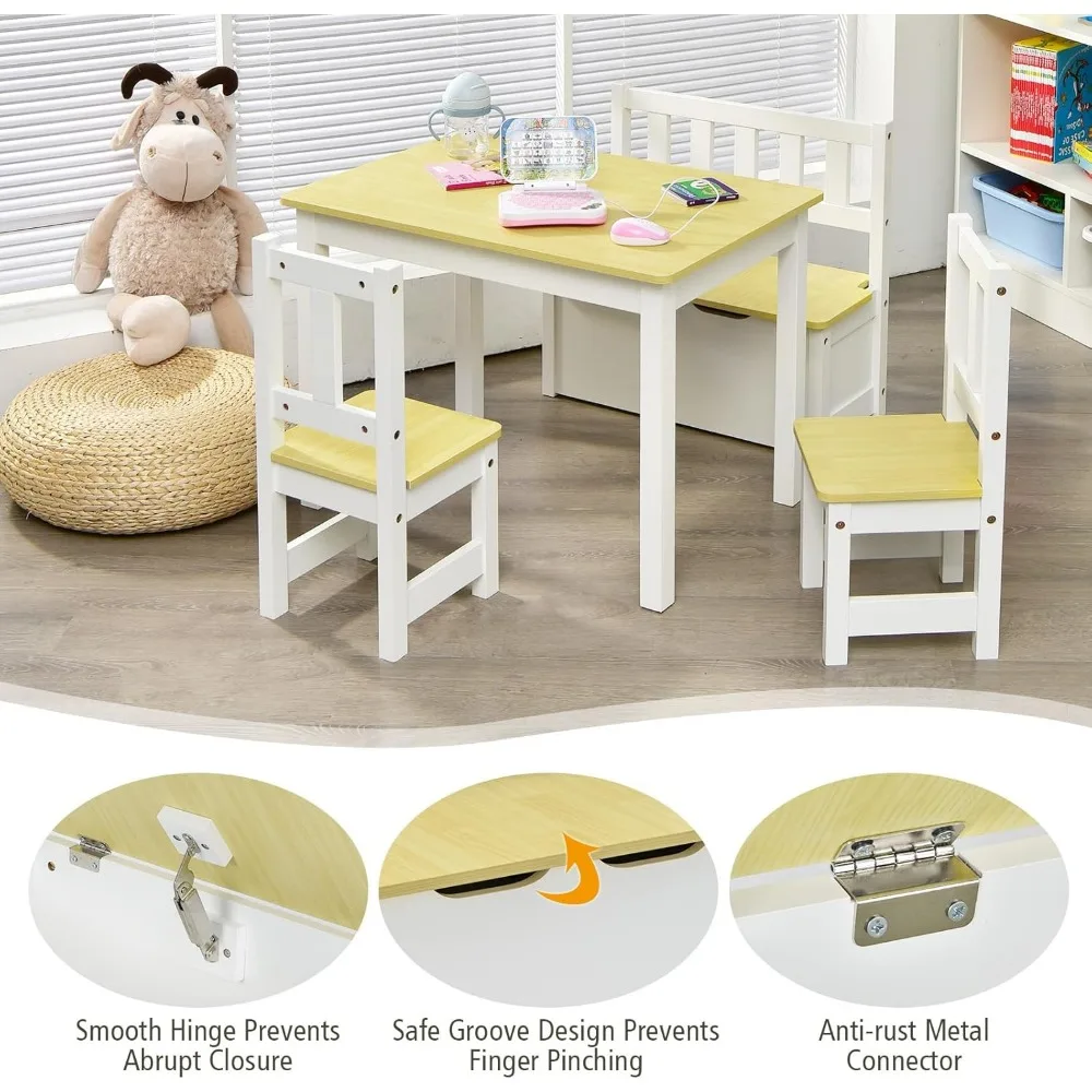2 in 1 Kids Table and Chair Set, Wood Activity Table with Toy Storage Bench & 2 Chairs for Children Reading, Arts, Craft