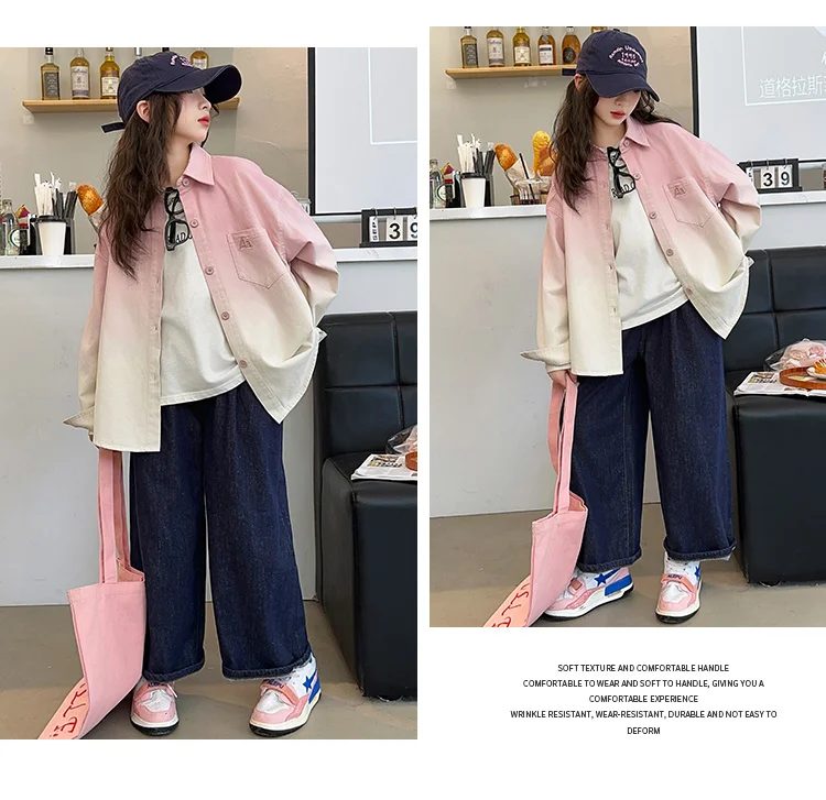 Langarm-Kinderbluse mit Farbverlauf für Mädchen 14 13 12 11 10 9 8 7 6 5 Jahre Kinder Stilvolles Baumwollhemd in Bonbonfarben für Teenager Rosa Grün – Detail 6