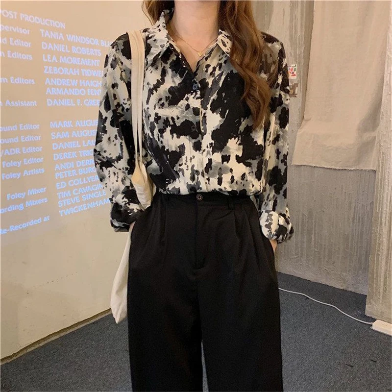 Women Print Vintage Harajuku Streetwear Oversized Shirts Spring Summer Trendy Casual Long Sleeve Blouse Tunic Top Female Blusas