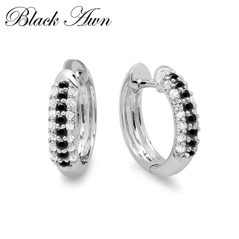 2026 New Classic Silver Color Round Black Trendy Spinel Engagement Hoop Earrings for Women Fashion Jewelry Bijoux I179