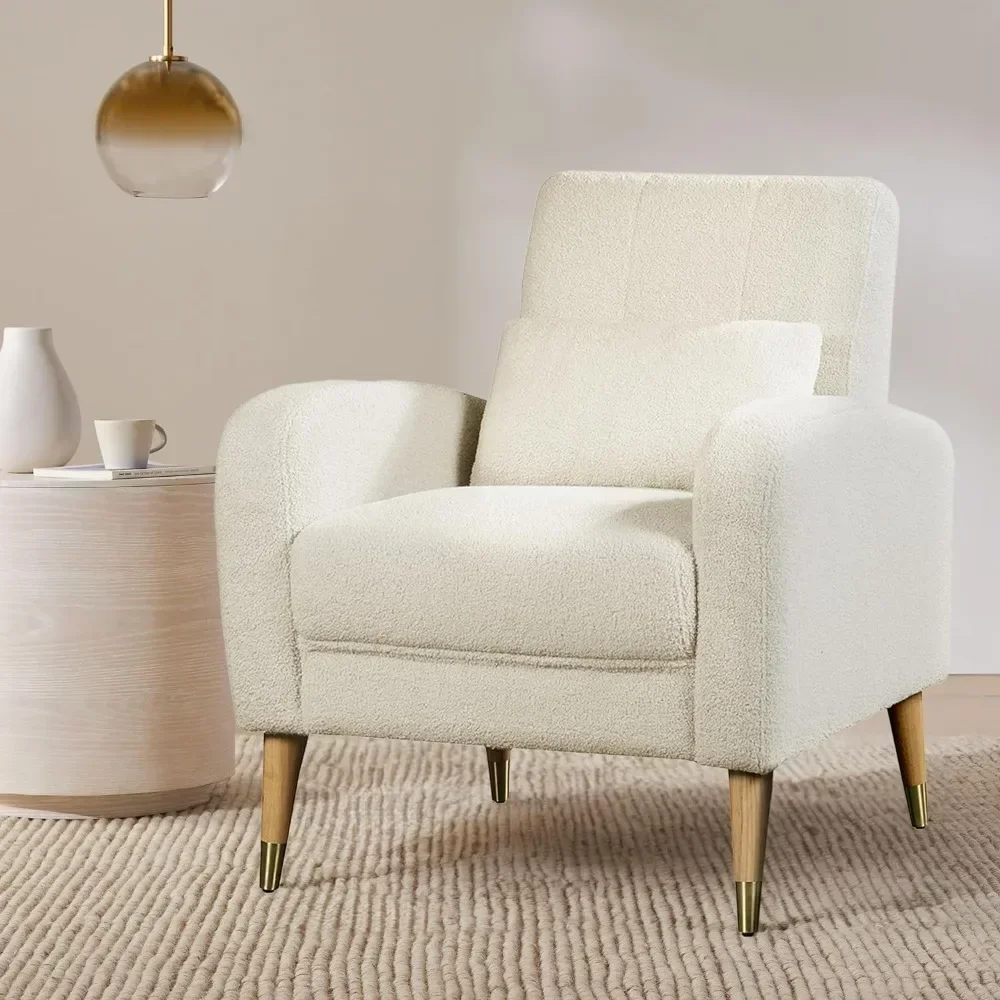 Living room chair mid-century modern, upholstered armchair with metal legs, polyester fabric, white