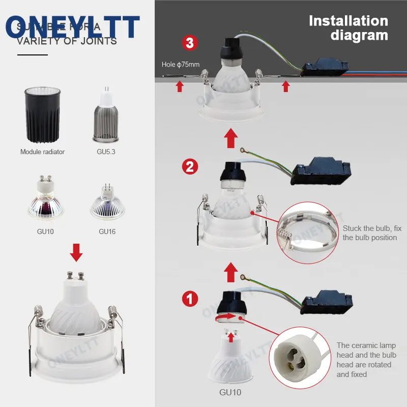 Recessed LED Ceiling spotlight Frame Round GU10 Fixture Holders Adjustable   Spot Light  light bases Fitting