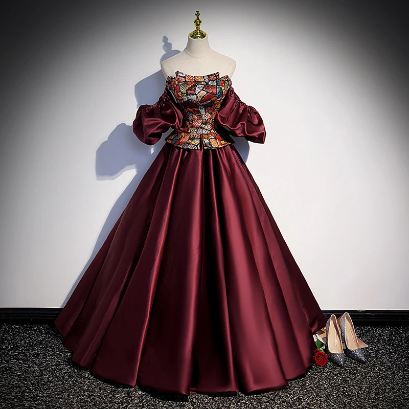 

Evening Dress Vintage Burgundy Satin Strapless Short Puff Sleeves Pleat A-line Floor Length Plus size Women Party Dresses B2323