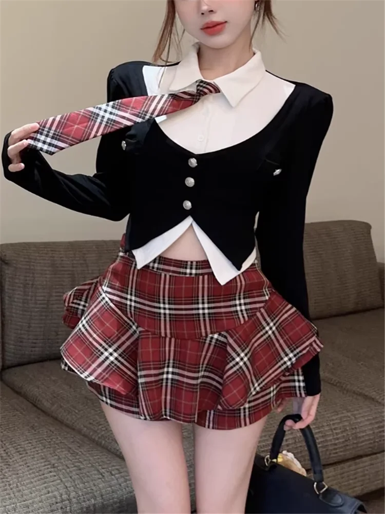 

2 Piece Spicy Girl Sets College Style Patchwork Slim Shirt Top with Tie&High Waist Plaid Mini Skirt Chic 2pc Matching Dress Sets