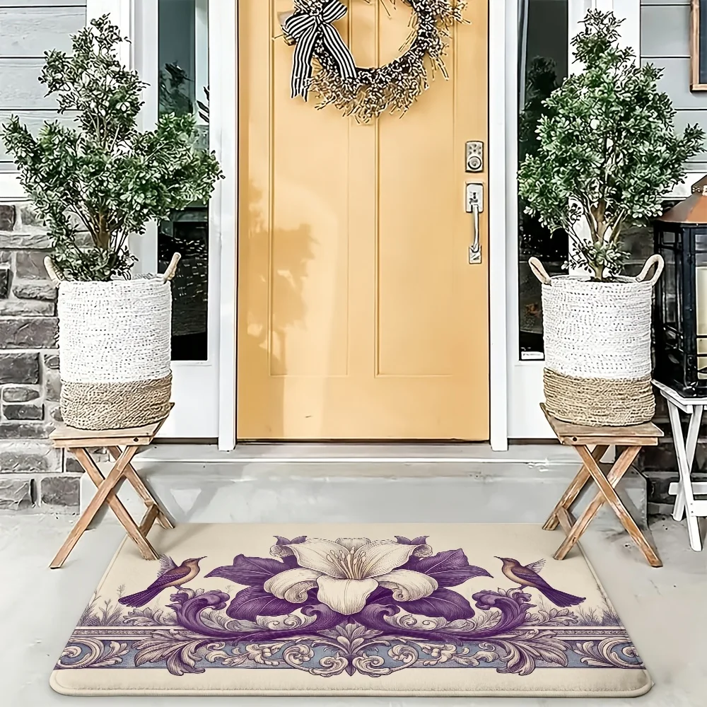 Elegant Floral Lily Design Doormat Luxury Welcome Mat for Home Decor Entrance Rug Classical Purple Flower Pattern House Mat