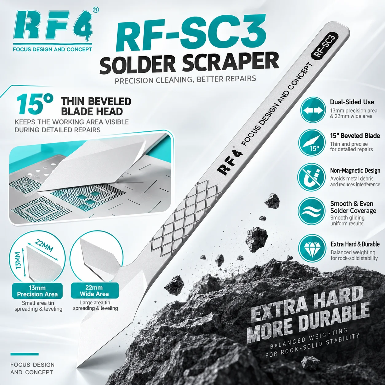 RF4 RF-SC3 Non-Magnetic Solder Spatula 15° Thin Bevel Blade Double-Sided for Phone Motherboard PCB IC Tin Spreading Repair Tool