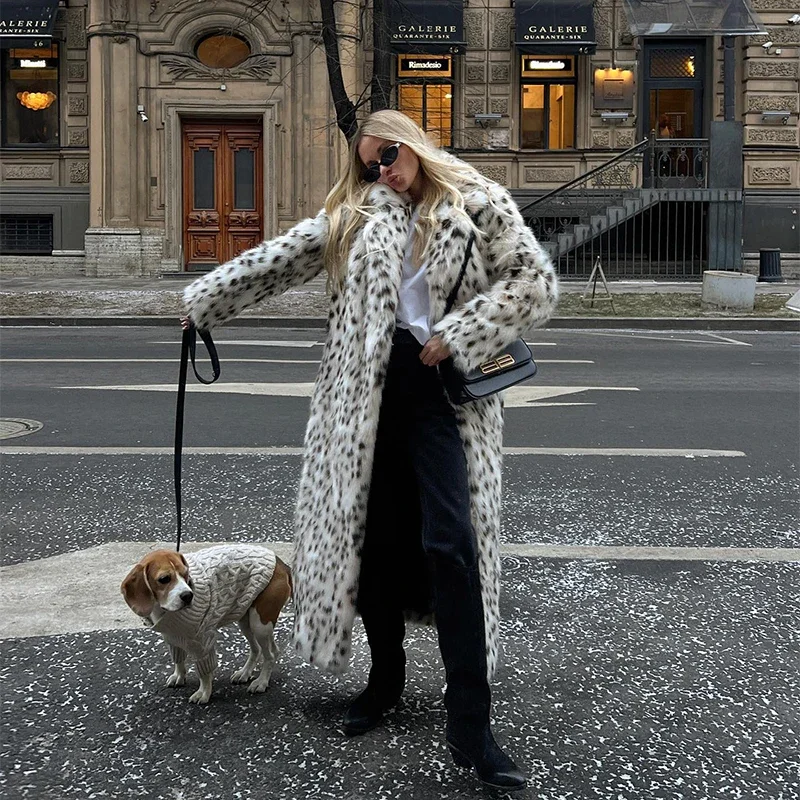 2024 Winter Stylish Street Fashion Fluffy Faux Fur Coat Women Exclusive Long Belted Furry Leopard Eco Fox Fur Jacket Overcoat