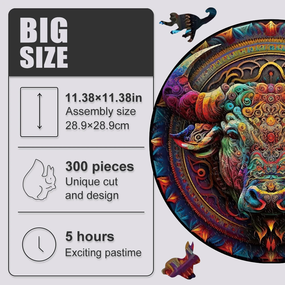 Wooden Puzzle Mandala Ox Toys For Animal Bull Jigsaw Puzzles Color Sorting Game 3D Wood Puzzle Best Gift For Adults And Kids