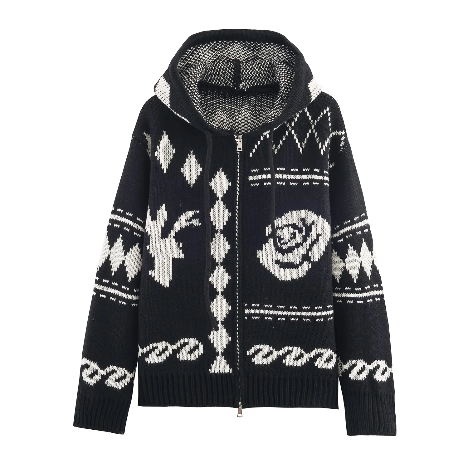 سترة هاراجوكو النسائية الشتوية لعام 2025 بأكمام طويلة منقوشة هندسية مع سحاب محبوك مترهل مع قلنسوة سترة طوطم فضفاضة باللون الأسود المشمش