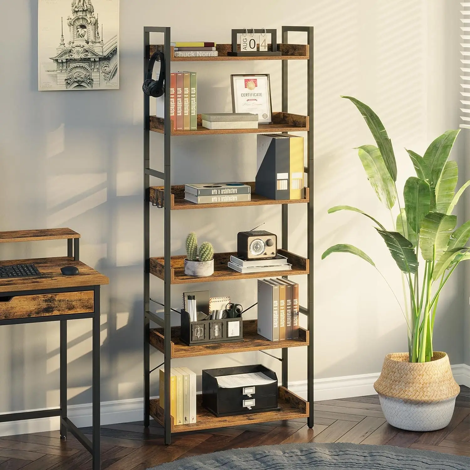 Bookshelf 6 Tier with 4 Hooks, Industrial Bookcase, Vintage Storage Rack with Open Shelves, Bedroom, Rustic Brown