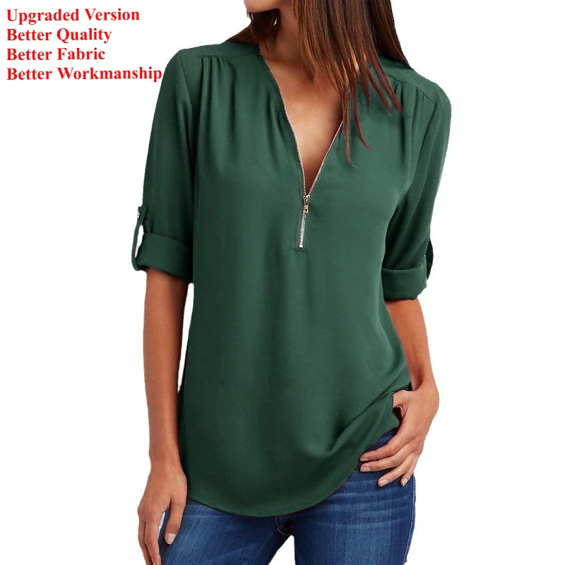 2024 Quality HotSale Plus Size Deep V Neck Women Blouse Chiffon Cool Loose Shirt Fashion Casual Ladies Tops Sexy Zipper Pullover