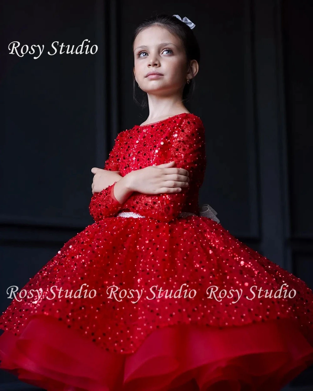 Vestido Rojo de flores para niña, minivestido de fiesta de cumpleaños con mangas, cuello redondo y cuentas de lujo