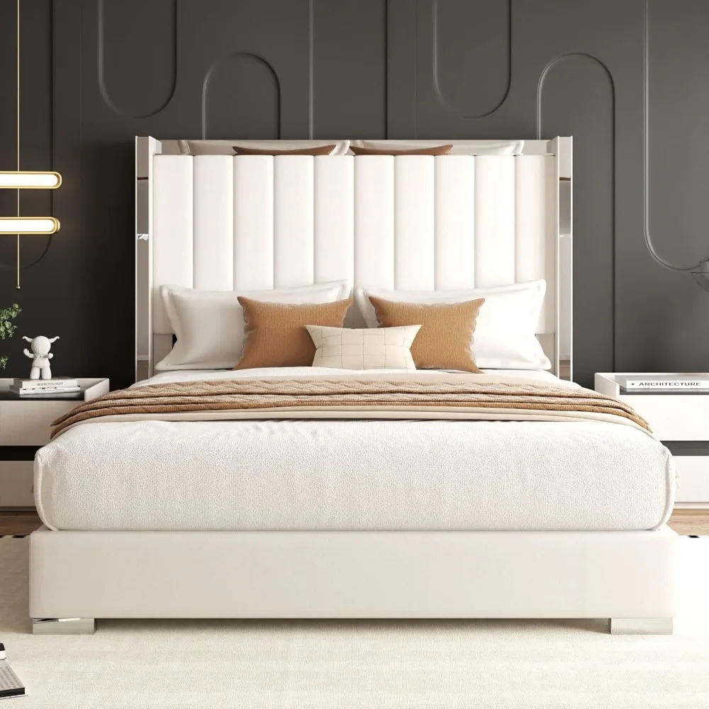 

58-Inch High Full-Size Velvet Wingback Platform Bed Frame with Channel Tufting and Silver Metal Chrome-Plated Accents