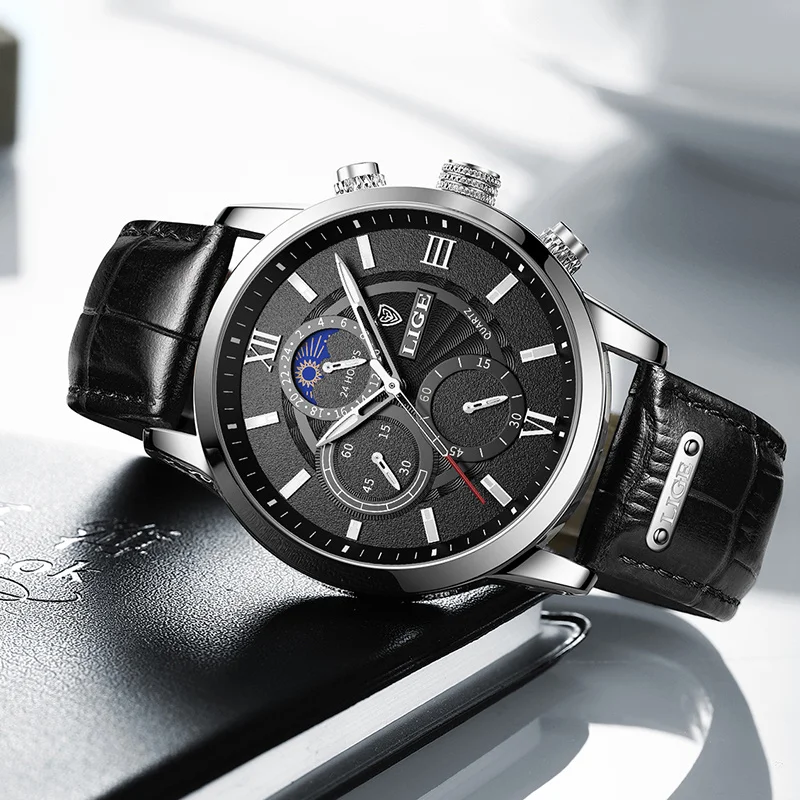 LIGE Orologio da uomo in pelle Sport all'aria aperta Calendario Orologi al quarzo da uomo Impermeabile luminoso Fasi lunari Orologio da uomo Cronografo Orologio + scatola